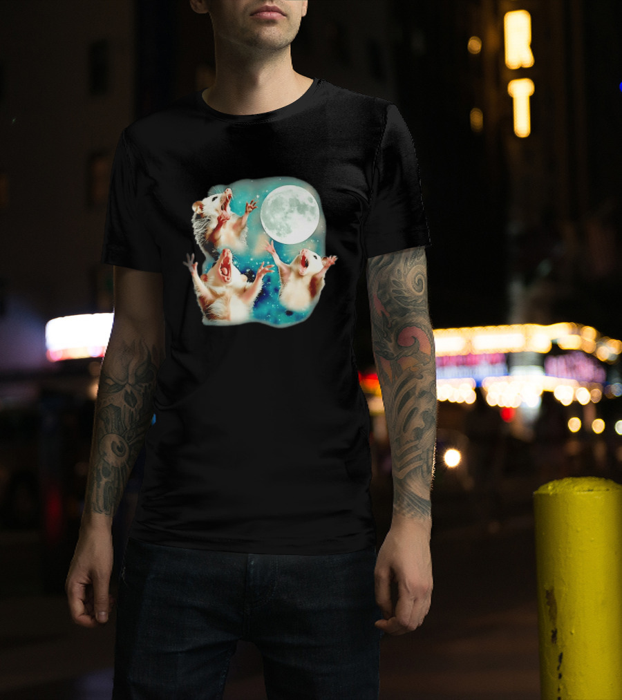 Opossum Howling At Moon With Stars In Space Scene T-Shirt