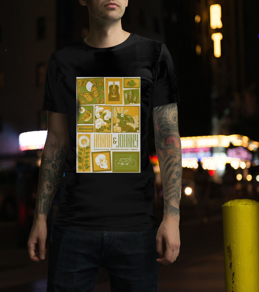 Hanah & Johnny May 30 2026 Ringer's Bar & Restaurant Slinger WI Butterfly Guitar Skull Bicycle Floral T-Shirt