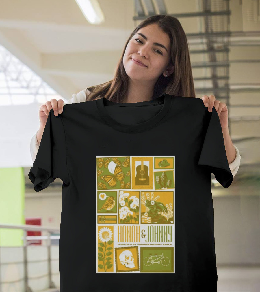 Hanah & Johnny May 30 2026 Ringer's Bar & Restaurant Slinger WI Butterfly Guitar Skull Bicycle Floral T-Shirt