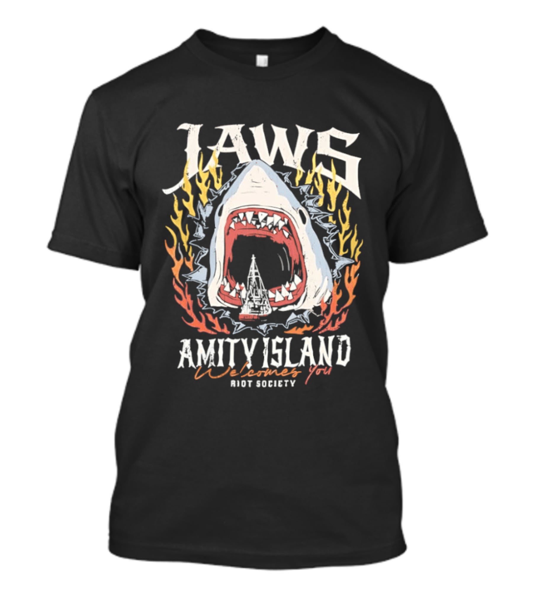Jaws Amity Island Welcomes You Shark Eating Riot Society T-Shirt