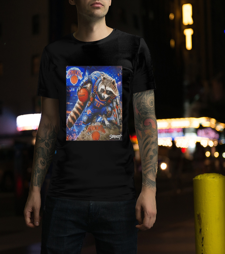 Rocket Raccoon New York Knicks Marvel Guardians NBA Crossover Wilson Ball T-Shirt