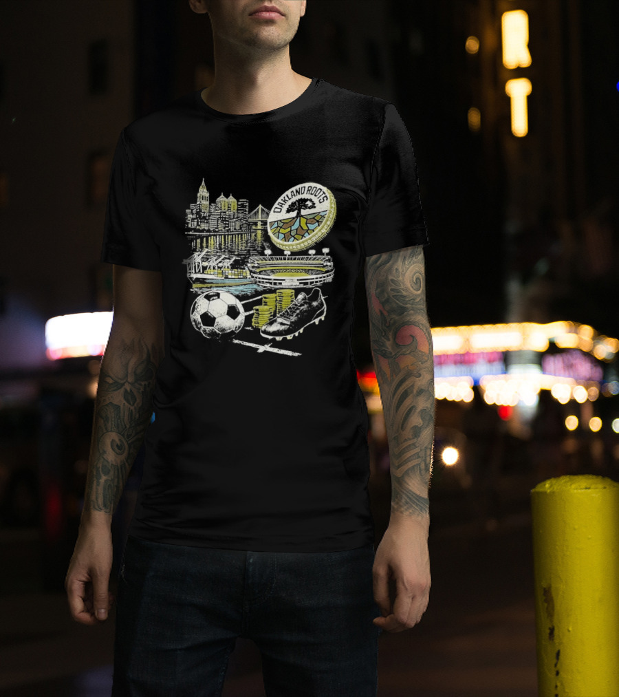 Oakland Roots Skyline Soccer Ball Stadium Ship And Coins T-Shirt