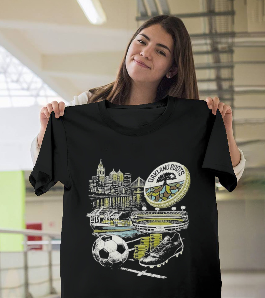 Oakland Roots Skyline Soccer Ball Stadium Ship And Coins T-Shirt