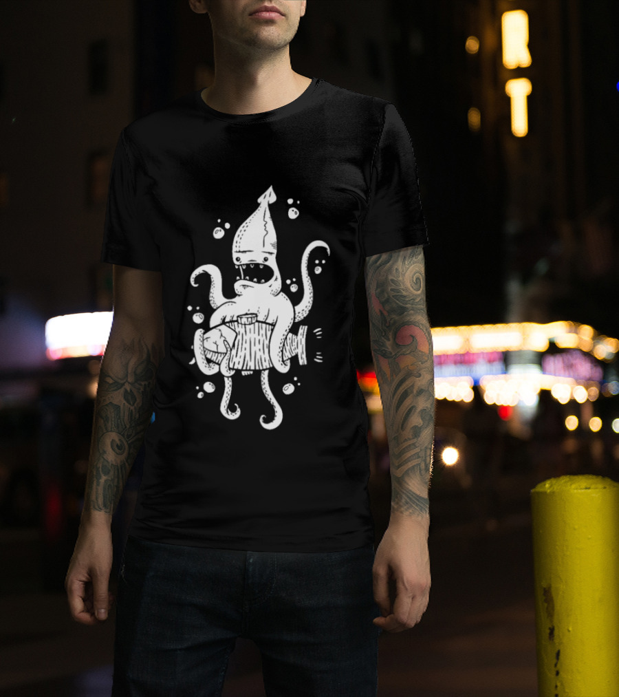 Squid Monster With Barrel Sea Creature Ocean Adventure T-Shirt