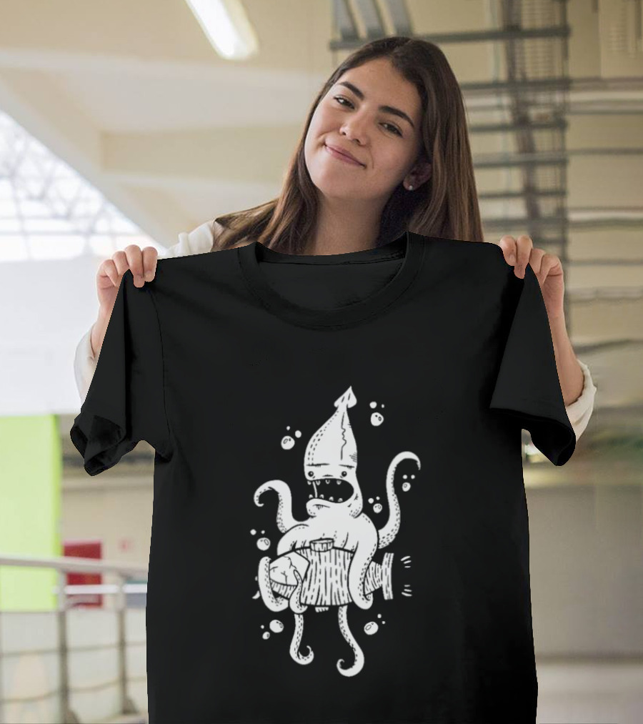 Squid Monster With Barrel Sea Creature Ocean Adventure T-Shirt