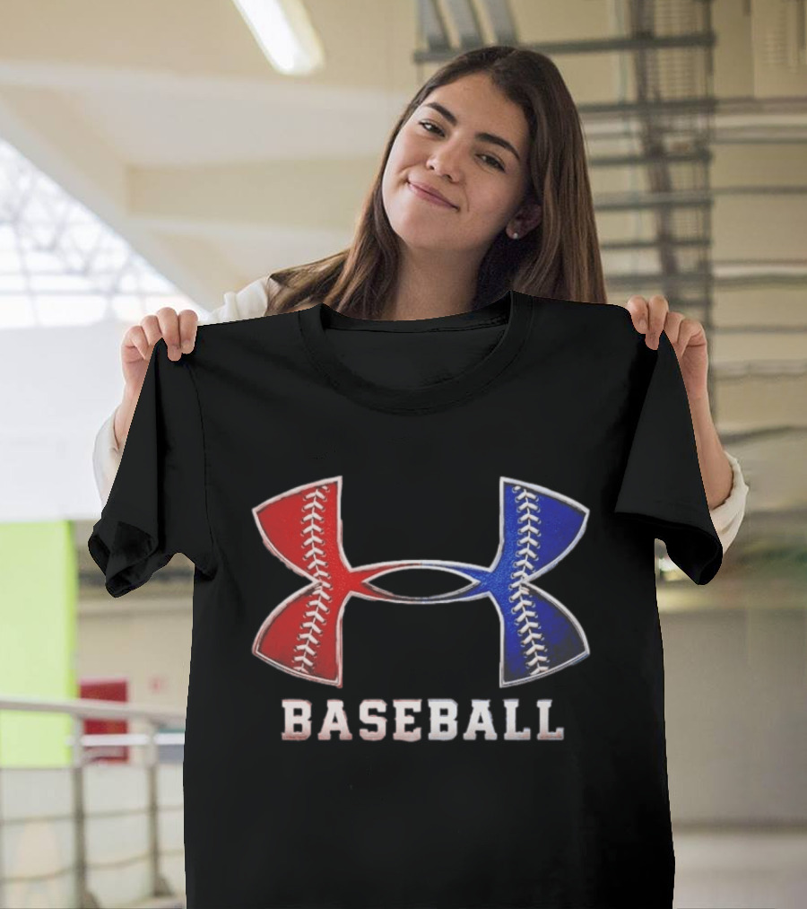 Under Armour Baseball Red Blue Stitch Performance Men T-Shirt