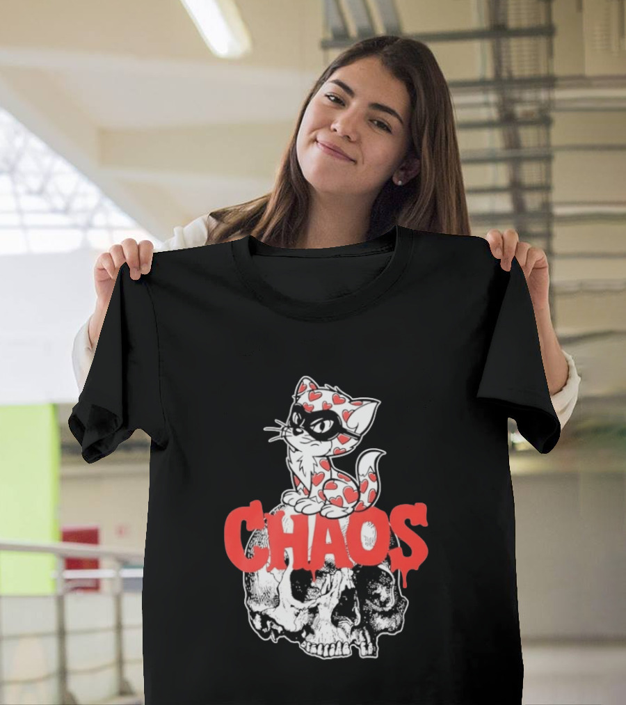Chaos Cat Heart Pattern Masked Skull T-Shirt
