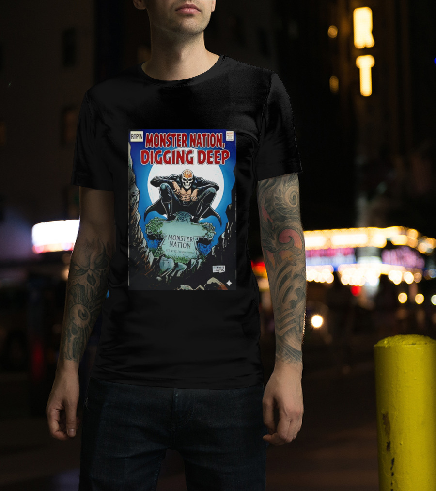 Monster Nation Digging Deep Comic Cover Tombstone Skeleton Superhero T-Shirt