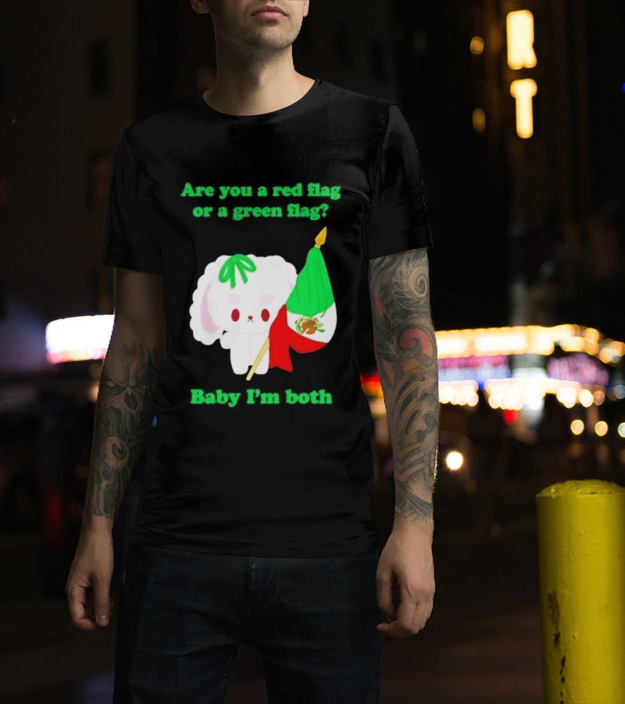 Nonomochi Mexico Flag Are You A Red Flag Or A Green Flag Cute Bunny Holding Mexican Flag T-Shirt