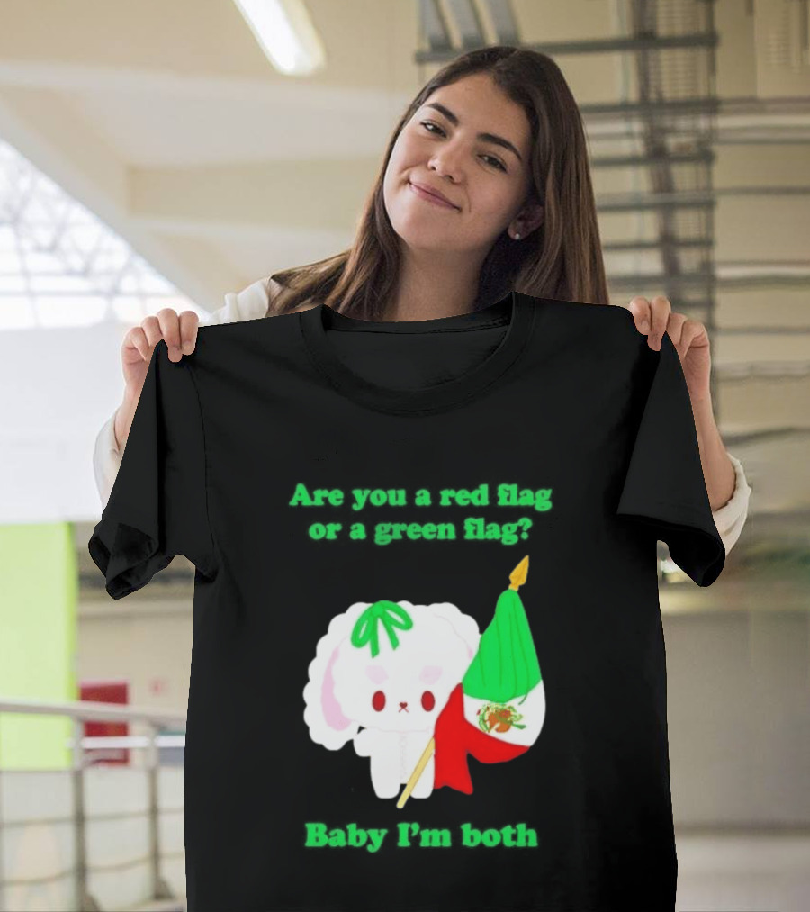 Nonomochi Mexico Flag Are You A Red Flag Or A Green Flag Cute Bunny Holding Mexican Flag T-Shirt