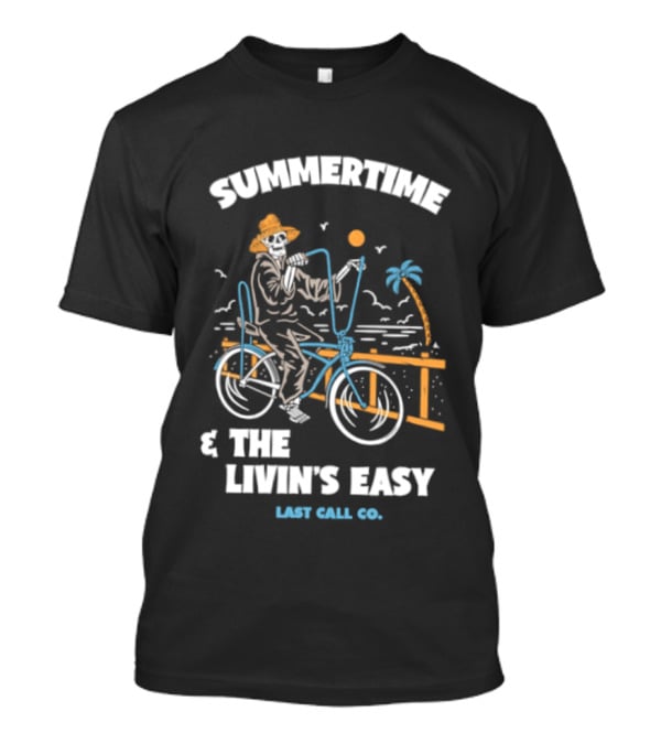 Summertime And The Livin's Easy Last Call Co Skeleton Bicycle Beach Scene T-Shirt