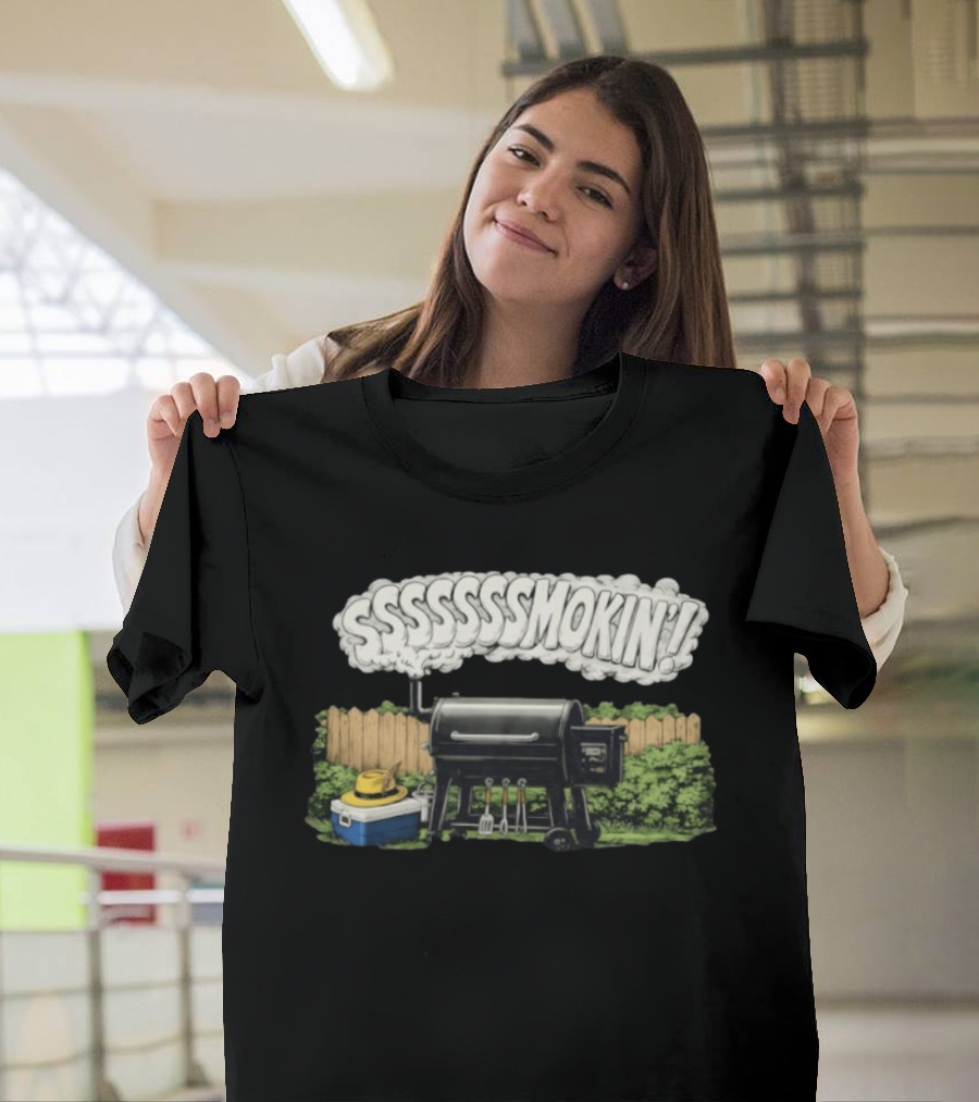 Ssssssmokin Pellet Grill Backyard Barbecue Scene T-Shirt