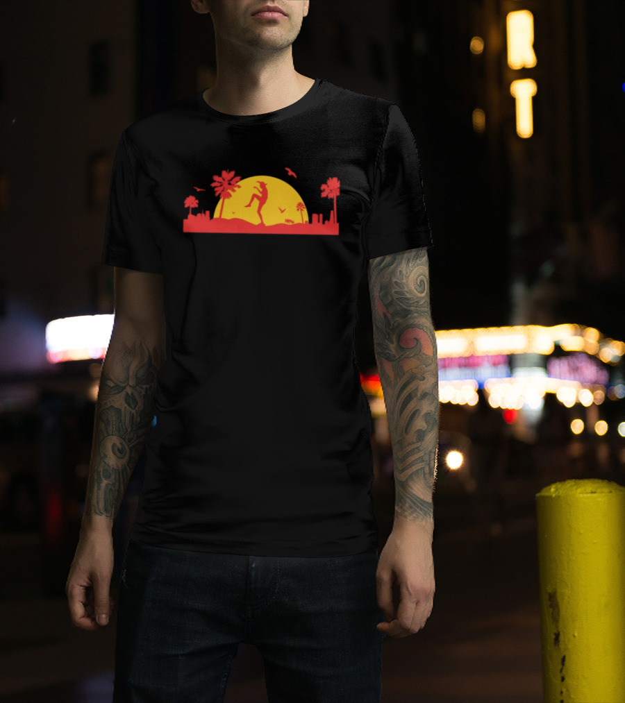 Sunset Crane Club Martial Arts Silhouette With Palm Trees And Birds T-Shirt
