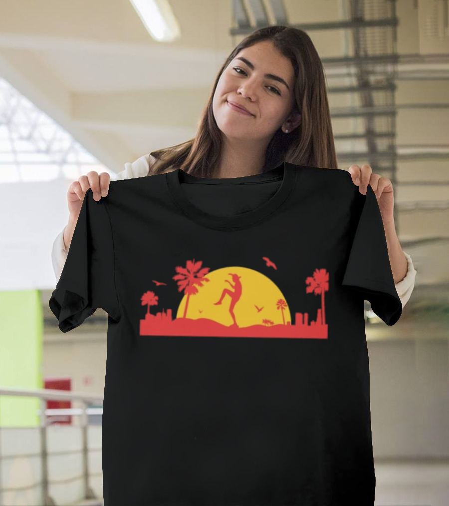 Sunset Crane Club Martial Arts Silhouette With Palm Trees And Birds T-Shirt