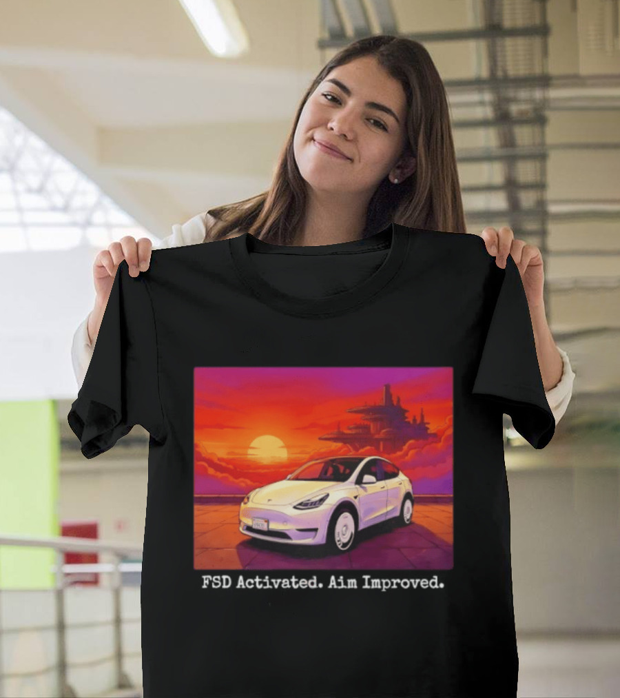 Tesla Model Y FSD Activated Aim Improved Sunset Futuristic City Scene T-Shirt