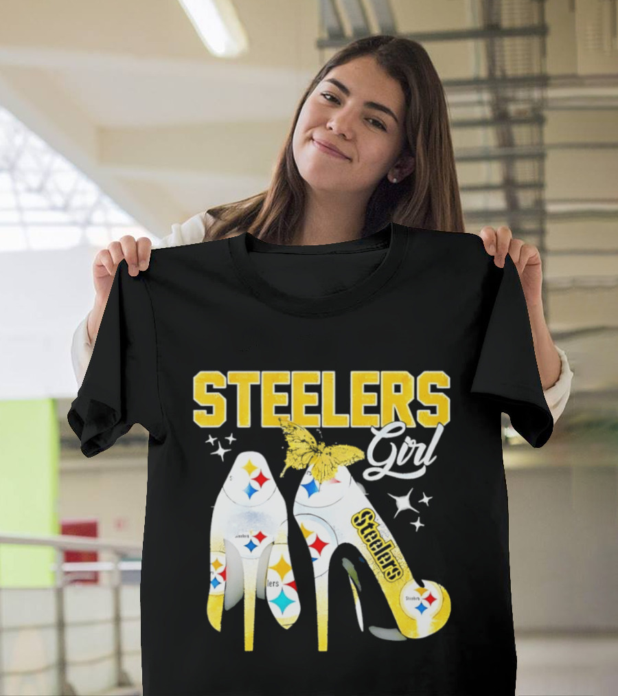 Steelers Girl High Heels With Butterfly And Stars T-Shirt