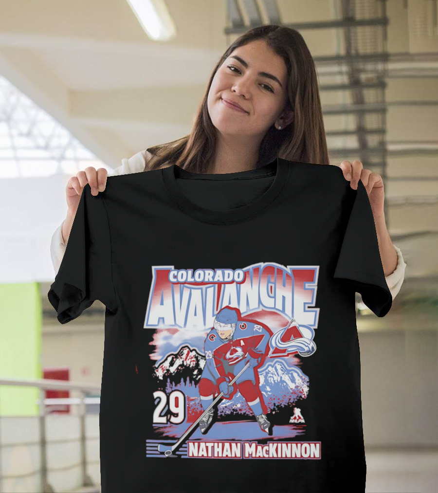 Colorado Avalanche Nathan MacKinnon 29 Hockey Mountain Scene T-Shirt