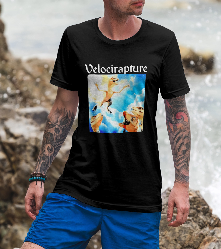 Velocirapture Dinosaur Raptor With Clouds And Blue Sky T-Shirt