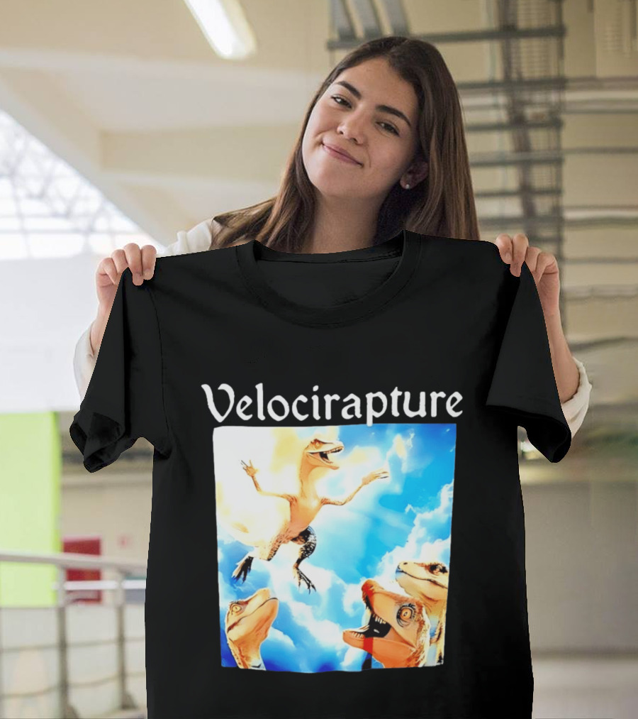 Velocirapture Dinosaur Raptor With Clouds And Blue Sky T-Shirt
