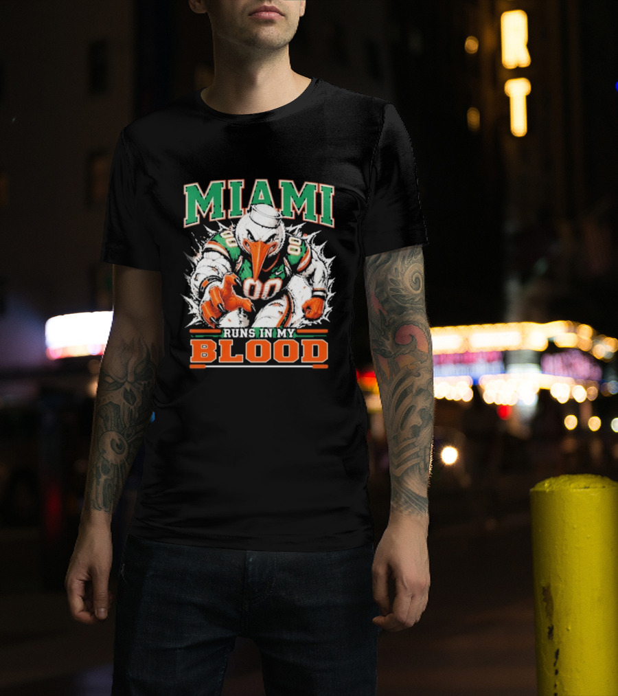 Miami Hurricanes Runs In My Blood Sebastian The Ibis NCAA Football T-Shirt