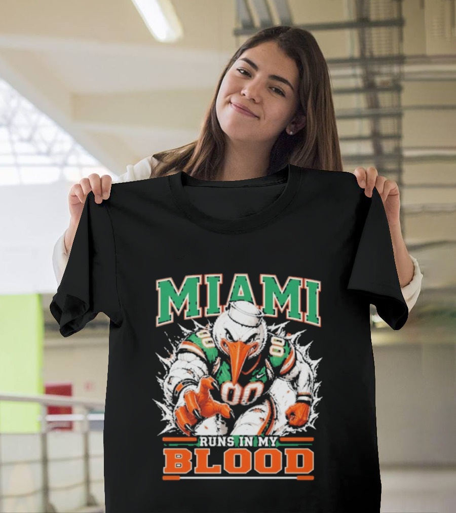 Miami Hurricanes Runs In My Blood Sebastian The Ibis NCAA Football T-Shirt