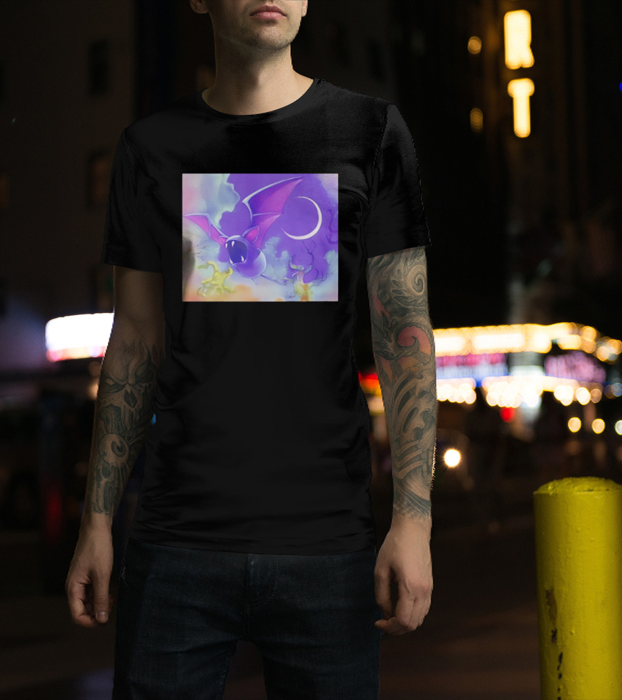 Spooky Bat With Pink Wings Flying Under Crescent Moon Halloween Night Scene T-Shirt