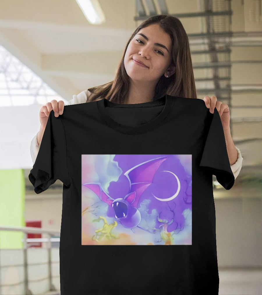Spooky Bat With Pink Wings Flying Under Crescent Moon Halloween Night Scene T-Shirt