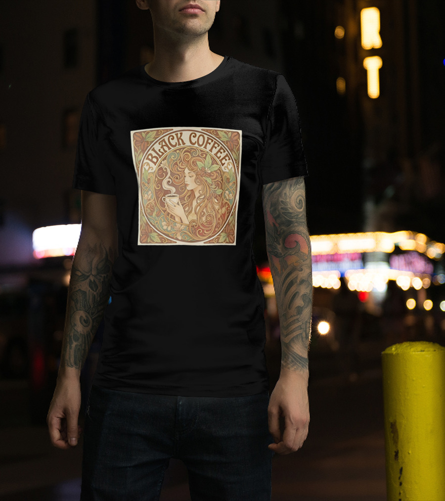 Black Coffee Nouveau Floral Steaming Art Deco T-Shirt