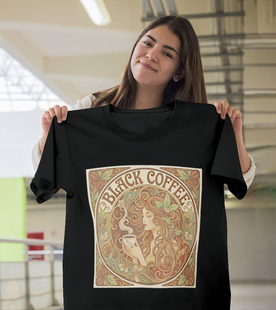 Black Coffee Nouveau Floral Steaming Art Deco T-Shirt