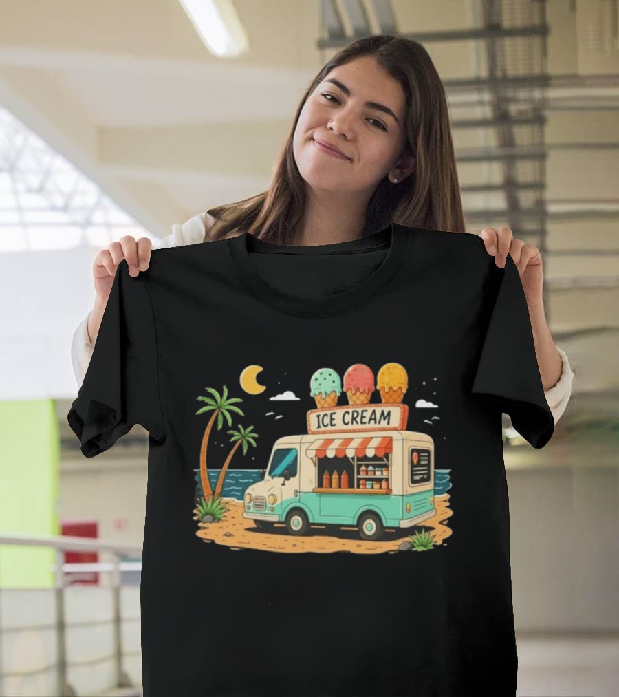 Ice Cream Truck Beach Night Tropical Ocean Summer Waves T-Shirt