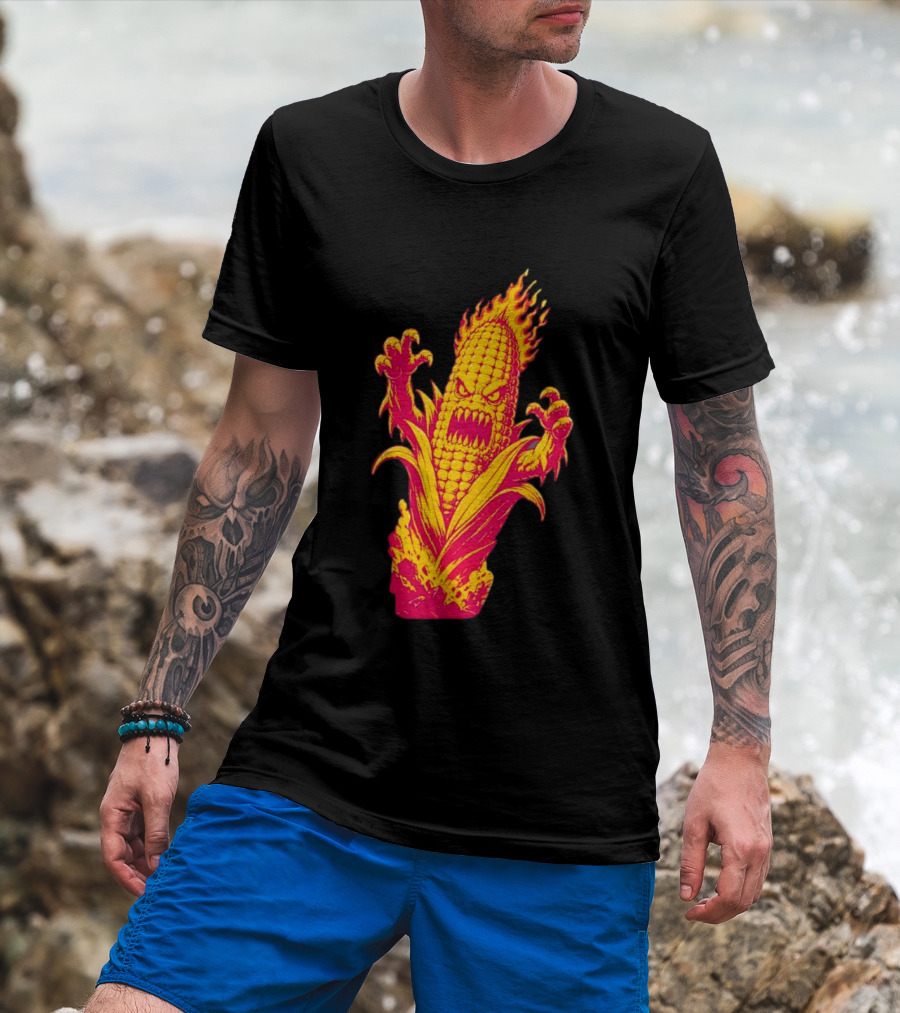 Fiery Mutant Corn Monster Kernels Of Terror Halloween Evil Cob T-Shirt
