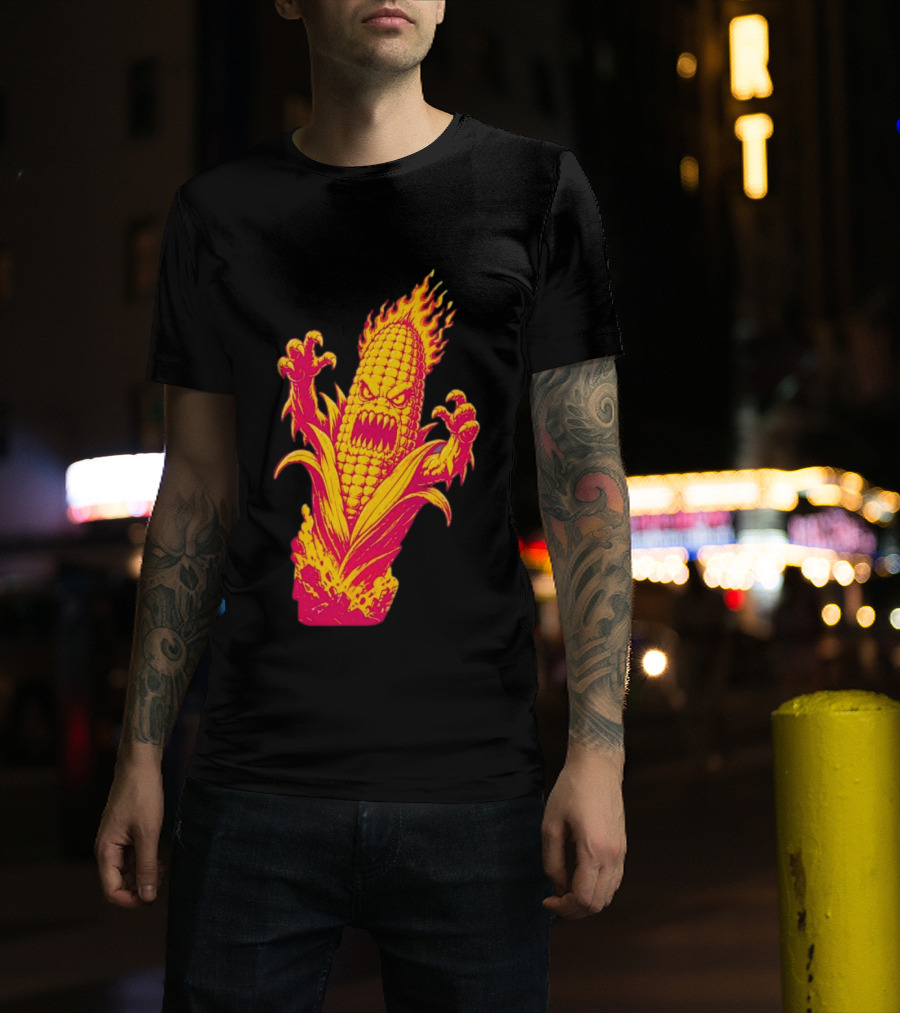 Fiery Mutant Corn Monster Kernels Of Terror Halloween Evil Cob T-Shirt
