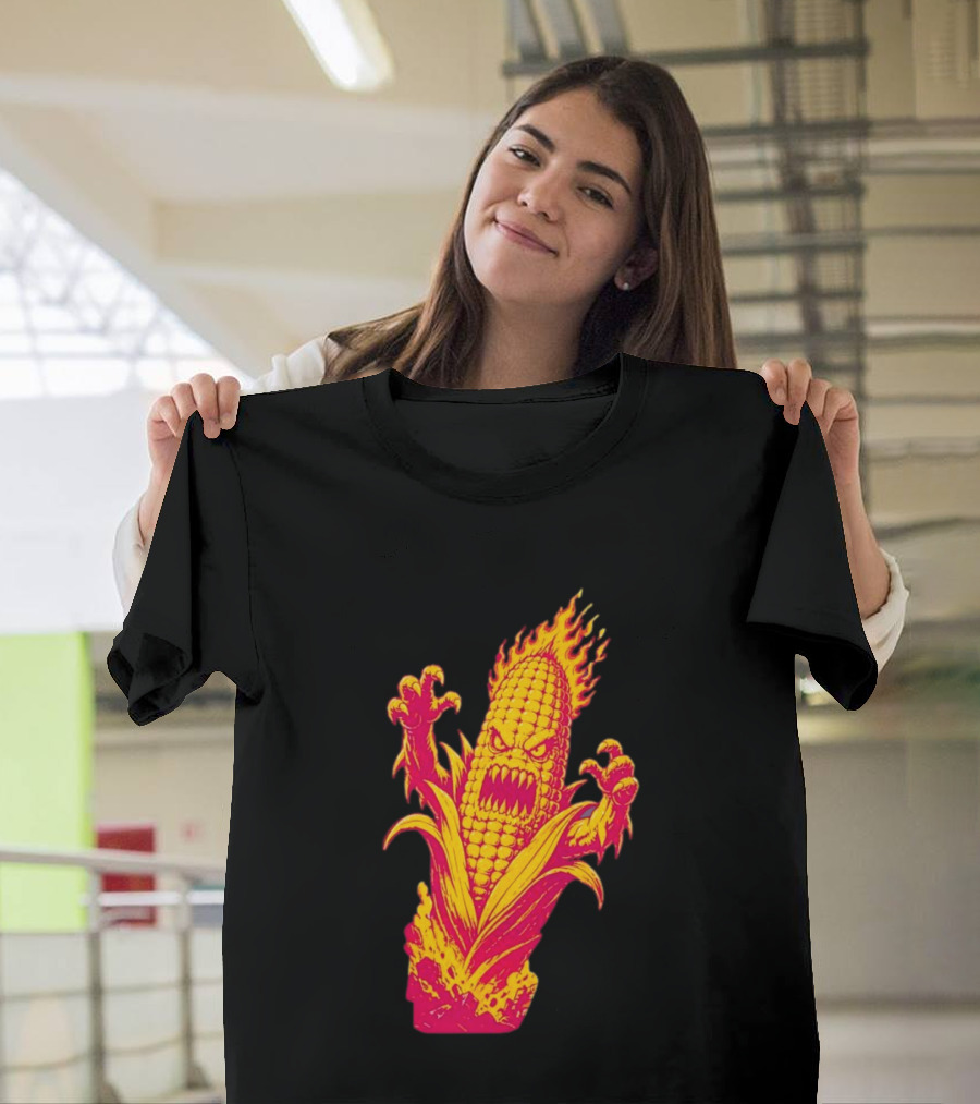 Fiery Mutant Corn Monster Kernels Of Terror Halloween Evil Cob T-Shirt