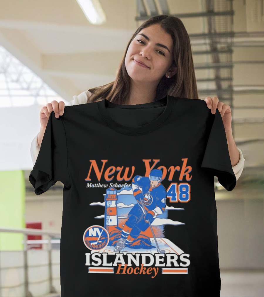 New York Islanders Hockey Matthew Schaefer 48 Player Lighthouse T-Shirt