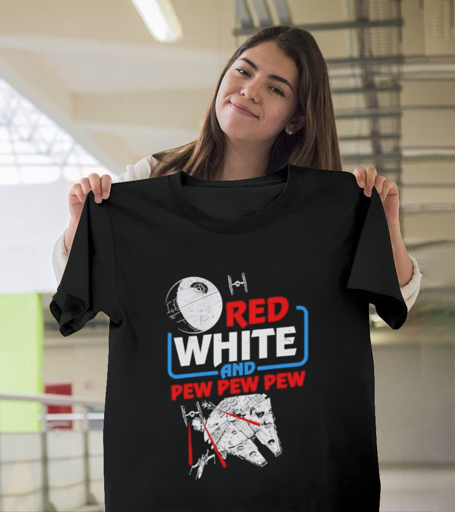 Star Wars Millennium Falcon Red White And Pew Pew Pew Death Star Tie Fighter T-Shirt