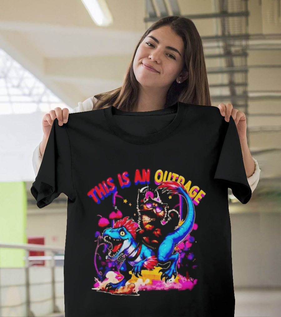 This Is An Outrage Cat Riding Blue Raptor Dinosaur Jurassic T-Shirt