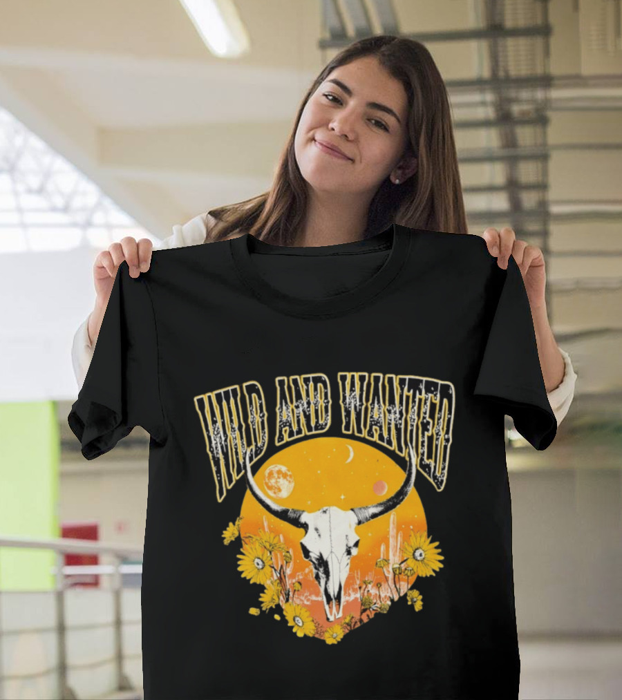 Wild And Wanted Bull Skull Sun Moon Desert Cactus Flowers Western Boho T-Shirt