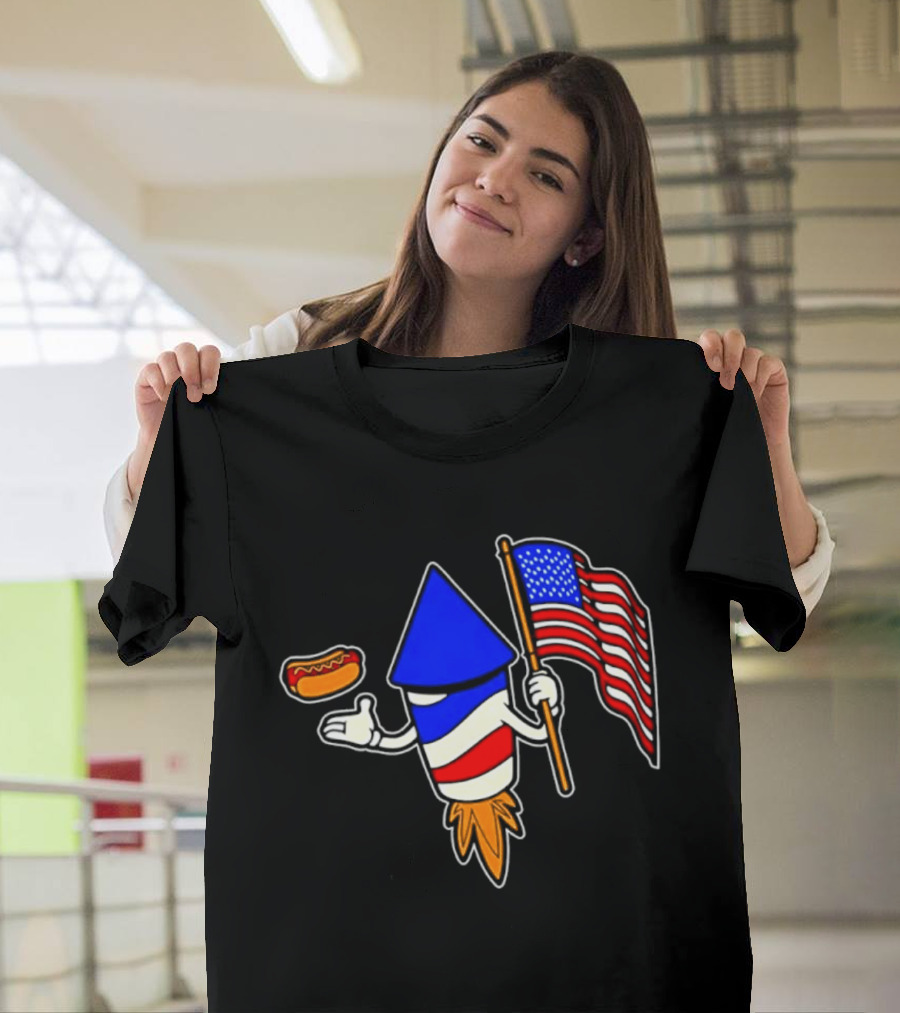 Fireworks Rocket American Flag And Hot Dog Celebration T-Shirt