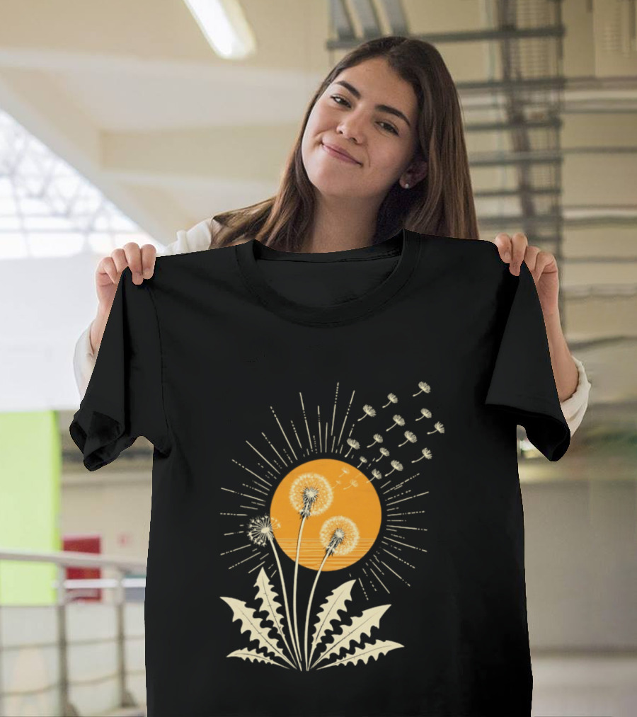 Golden Sunlight Dandelion Seeds Flying Nature Burst T-Shirt
