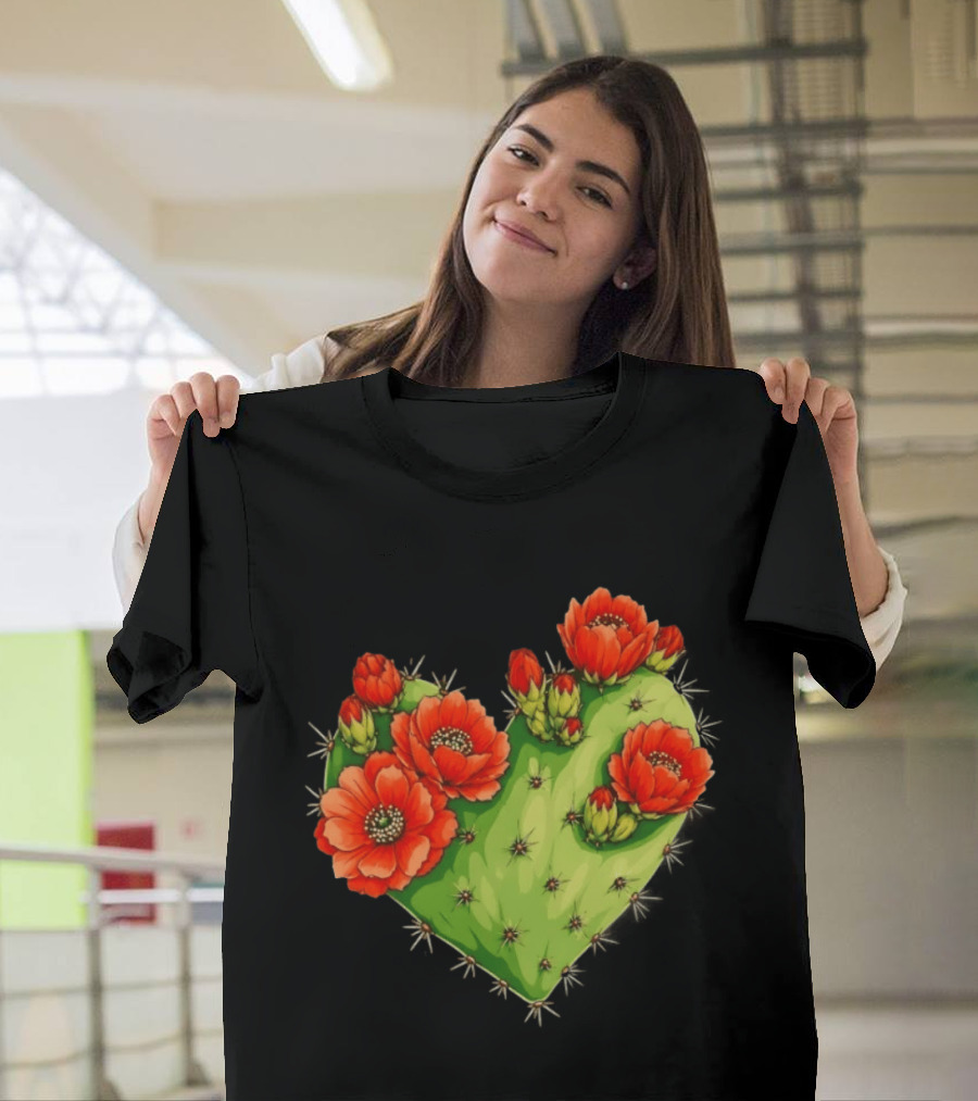 Heart Shaped Cactus With Vibrant Red Flowers T-Shirt