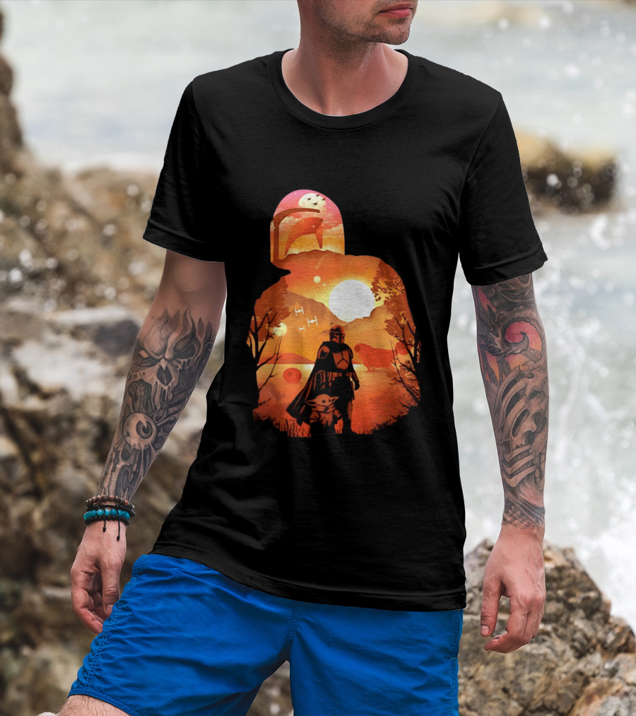 Hunting Companions Bounty Hunter Sunset Mandalorian Grogu Art By Dandingeroz T-Shirt