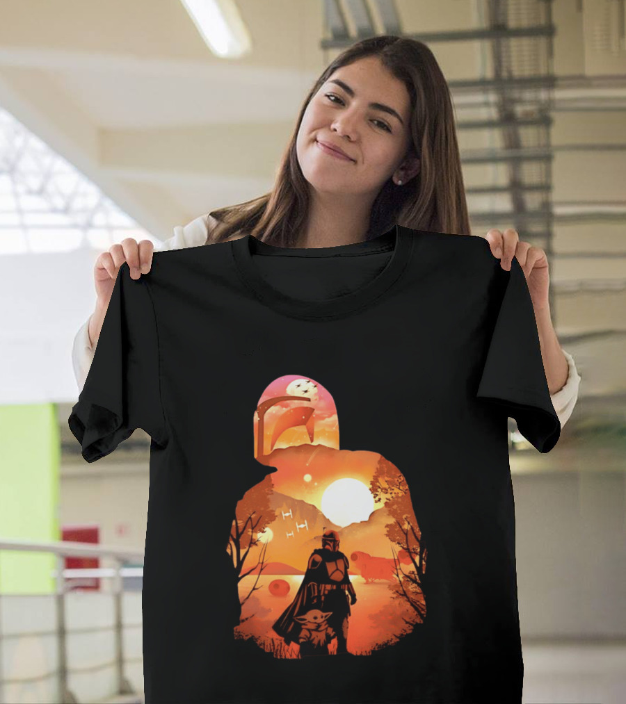 Hunting Companions Bounty Hunter Sunset Mandalorian Grogu Art By Dandingeroz T-Shirt
