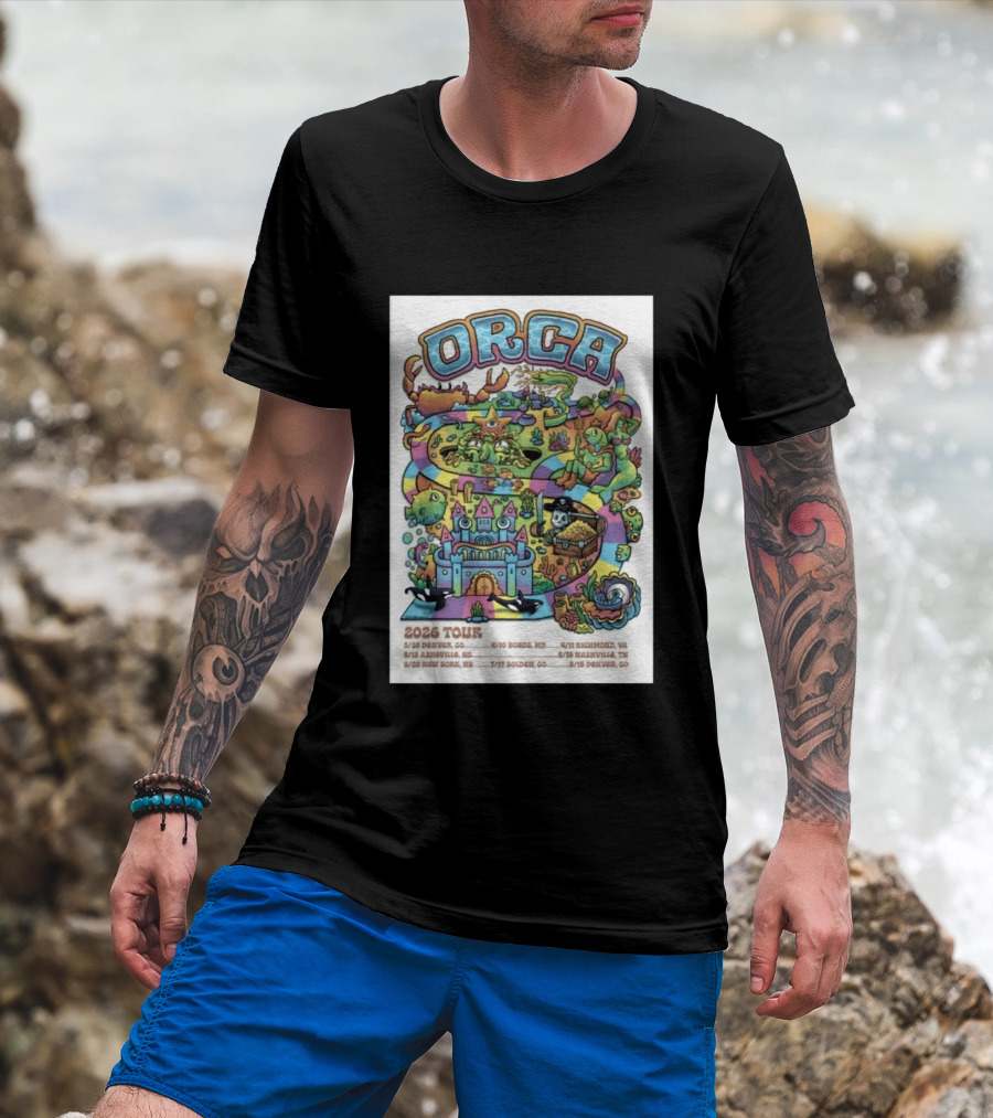 ORCA 2026 Tour Colorful Adventure Map Denver Asheville New York Boise Richmond Nashville Golden T-Shirt