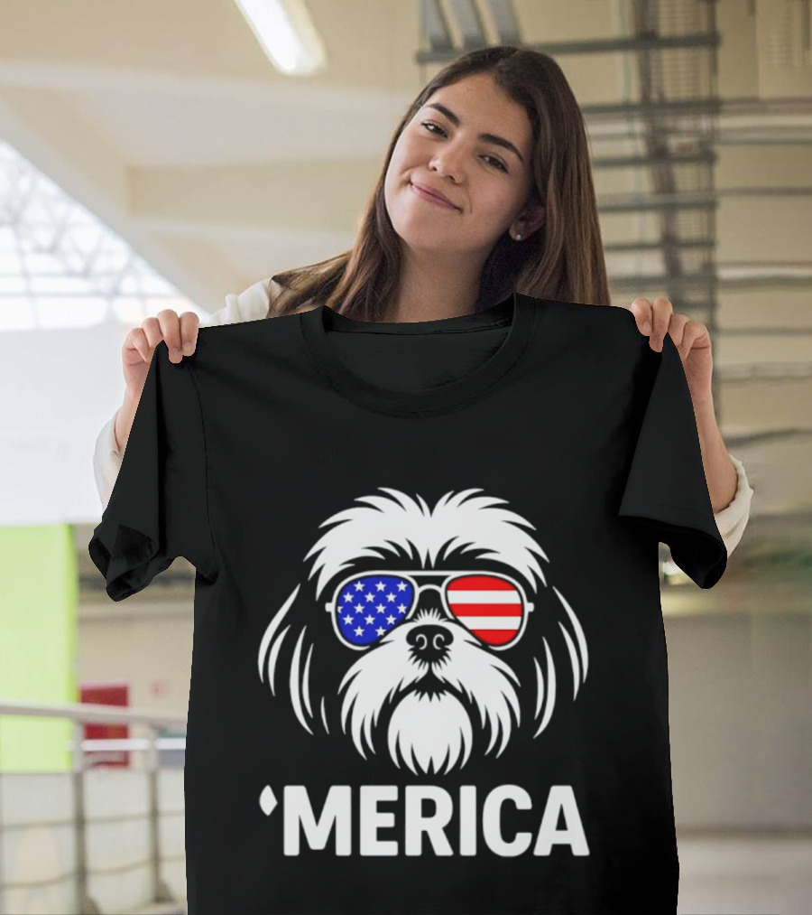 Shih Tzu Dog 'Merica American Flag Sunglasses T-Shirt