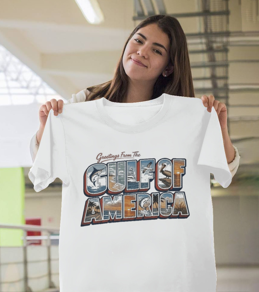Greetings From The Gulf Of America Marlin Pelican Palm Trees Sunset Ocean Adventure T-Shirt