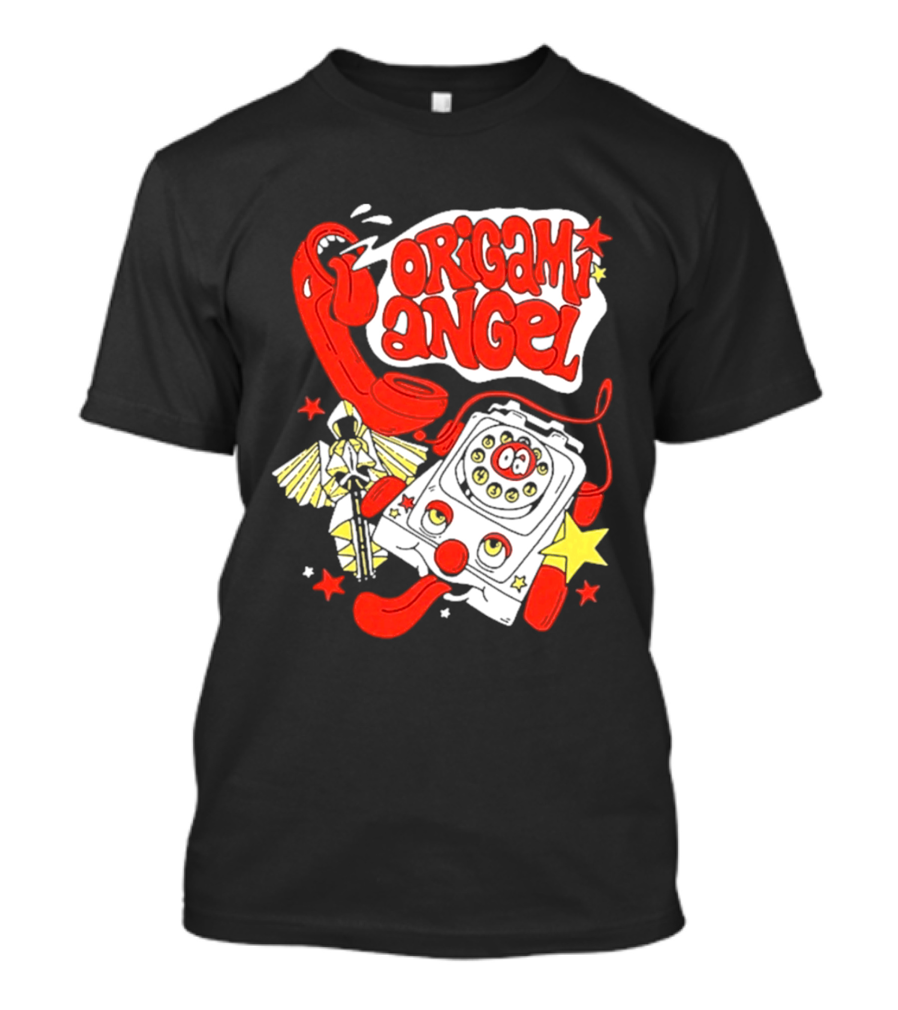 Origami Angel Retro Phone Illustration With Stars And Wings T-Shirt