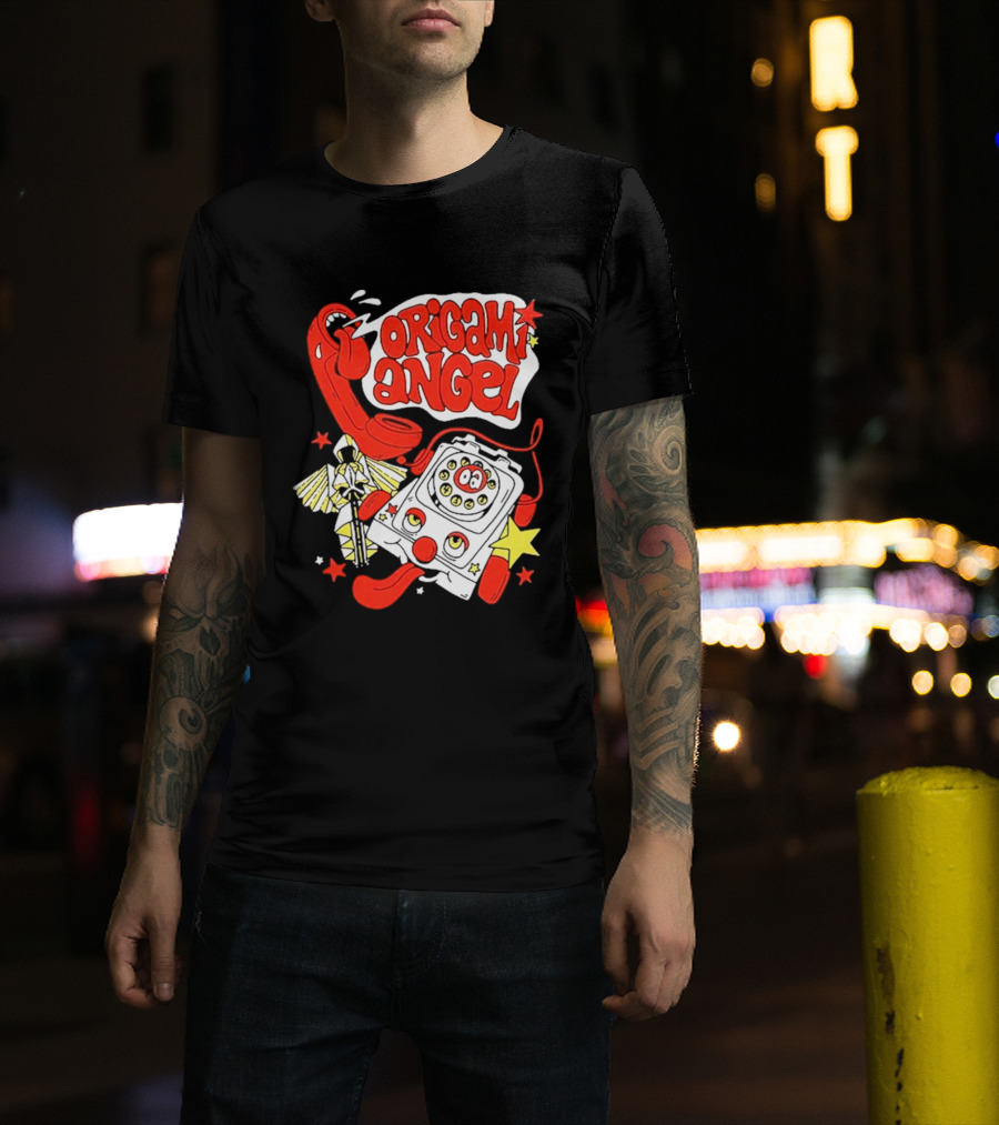 Origami Angel Retro Phone Illustration With Stars And Wings T-Shirt