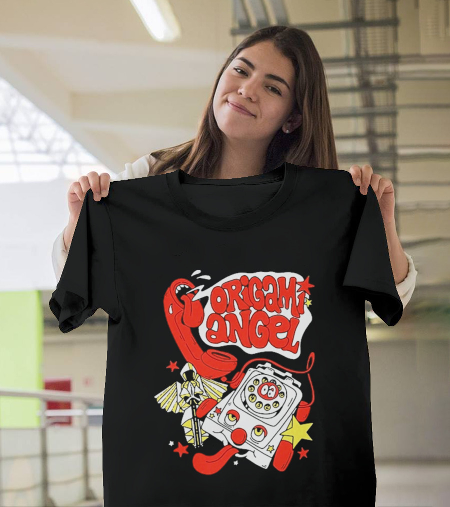 Origami Angel Retro Phone Illustration With Stars And Wings T-Shirt