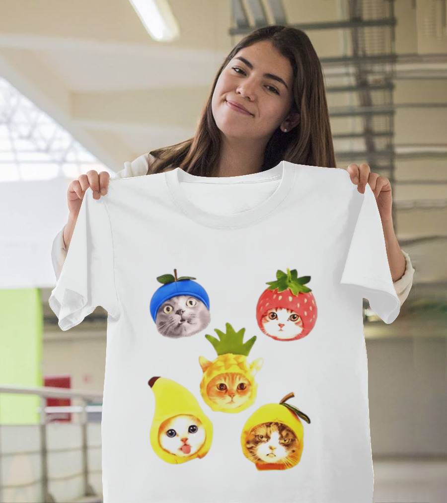 Whimsical Cats In Fruit Hats Blueberry Strawberry Pineapple Banana Apple T-Shirt