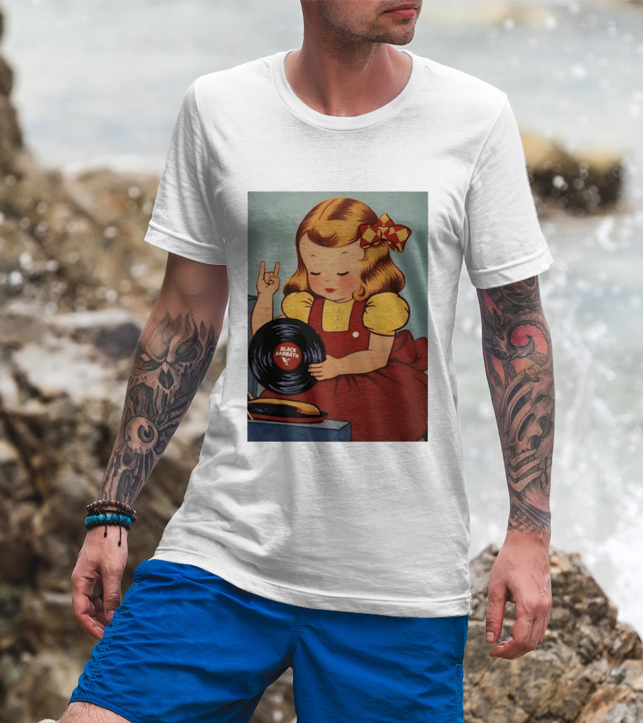Girl Holding Black Sabbath Vinyl Heavy Metal T-Shirt